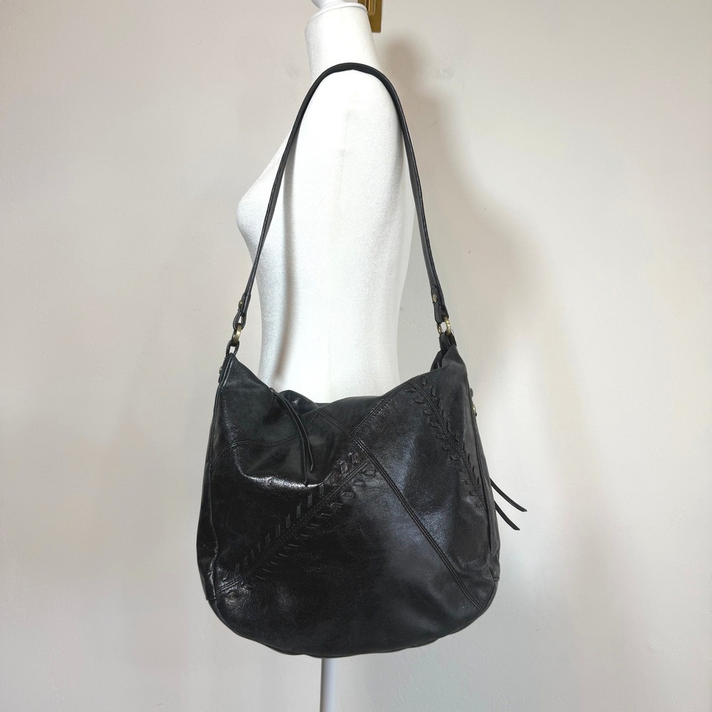 HOBO International Black Leather Hobo Bag Patchwork Whipstitch Y2K Boho Western